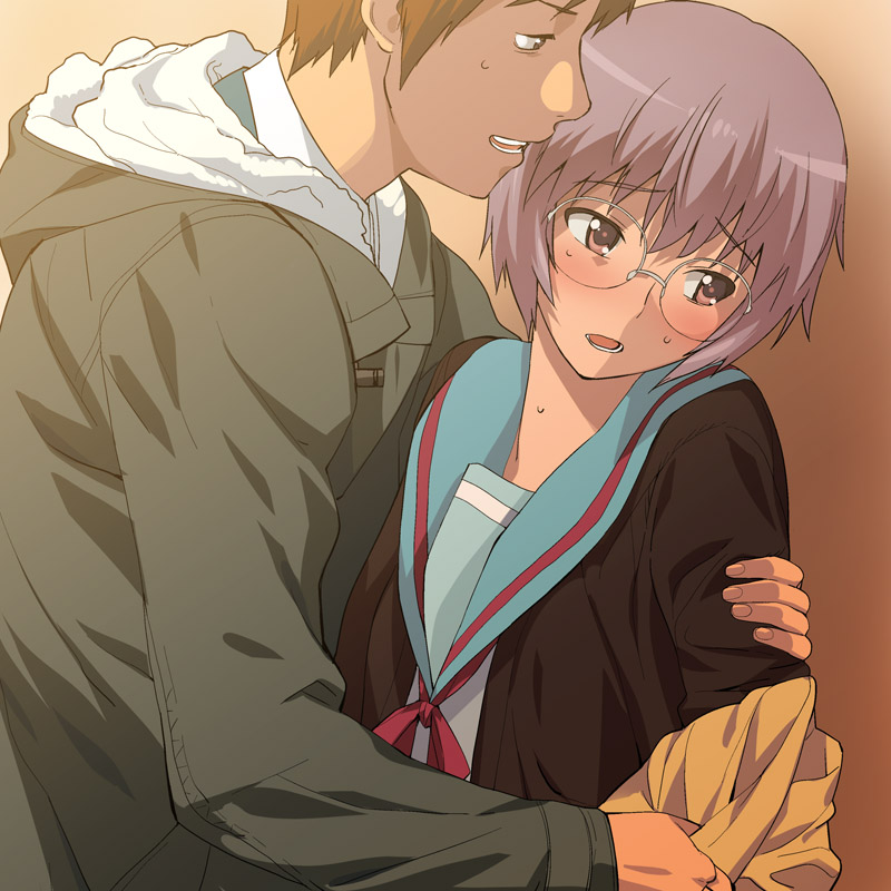 blush, brown_hair, cardigan, couple, embarrassed, glasses, kyon, looking_away