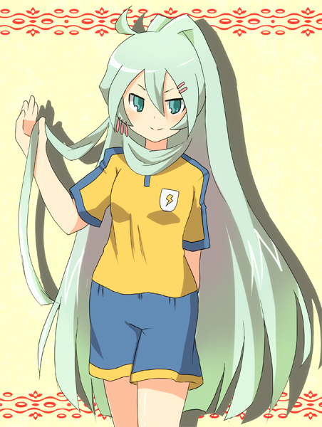 green_eyes, green_hair, inazuma_eleven, inazuma_eleven_(series), inazuma_eleven_go, inazuma_eleven_go_chrono_stone, lightning_bolt, long_hair