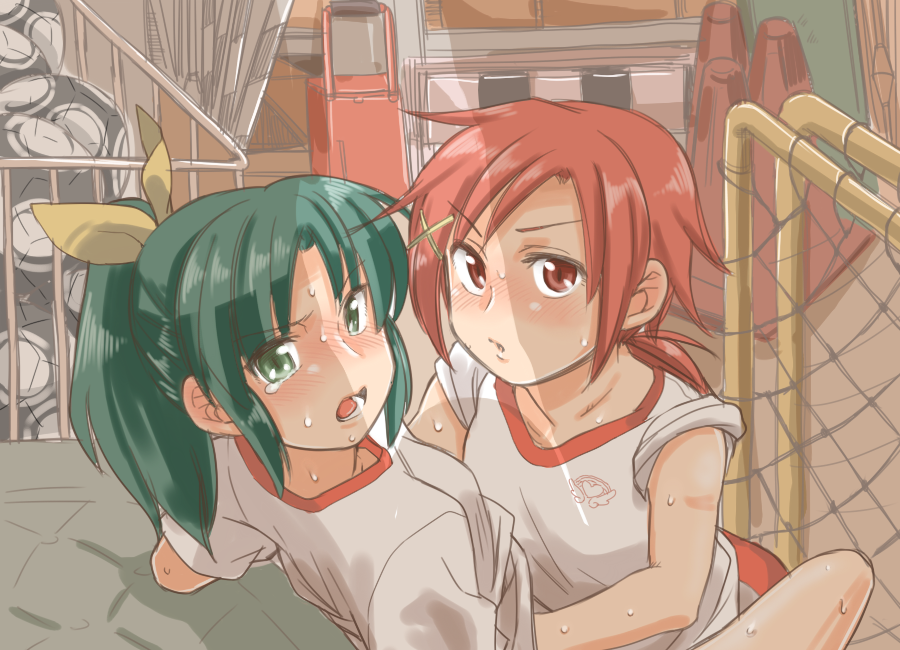 caught, cheating, green_eyes, green_hair, gym, gym_storeroom, gym_uniform, hino_akane, koyama_shigeru, looking_back, midorikawa_nao, multiple_girls, open_mouth, precure, red_hair, redhead, short_hair, smile_precure!, sweatdrop, yuri