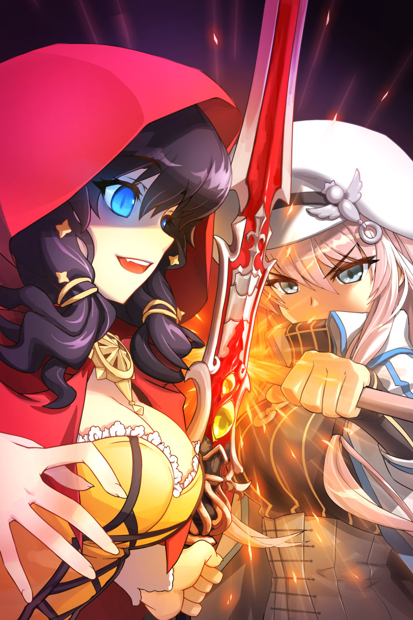 2girls, a-ga, bangs, battle, black_hair, blue_eyes, breasts, cat_shi