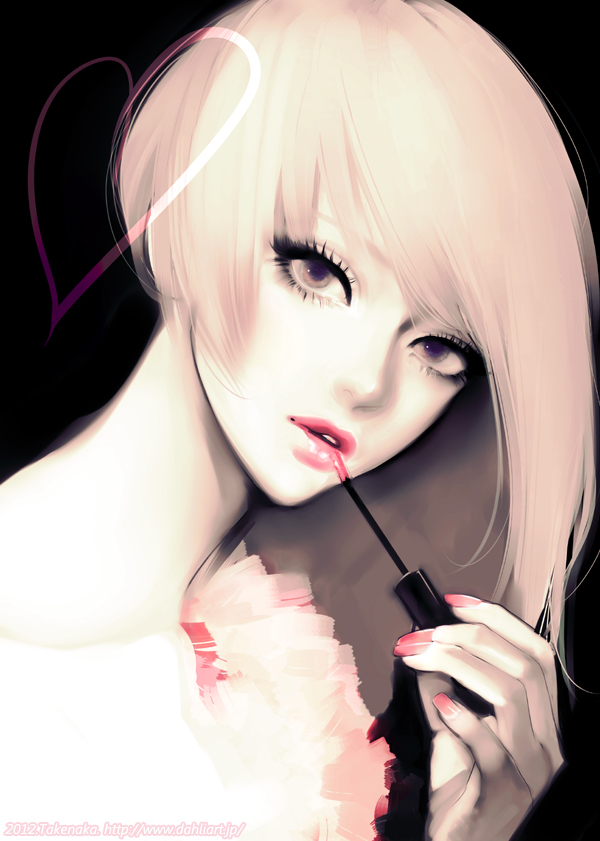 applying_makeup, asymmetrical_hair, brown_eyes, eyelashes, heart, lip_gloss, lipgloss, lips, long_hair, nail_polish, original, pale_skin, solo, takenaka