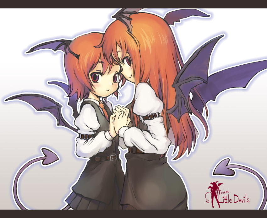 bat_wings, belt, blush, demon_tail, demon_wings, dress_shirt, dual_persona, head_wings, highres, koakuma, long_hair, looking_at_viewer, multiple_girls, nametake, necktie, pleated_skirt, red_eyes, red_hair, redhead, shirt, short_hair, skirt, smile, tail, touhou, vest, wings
