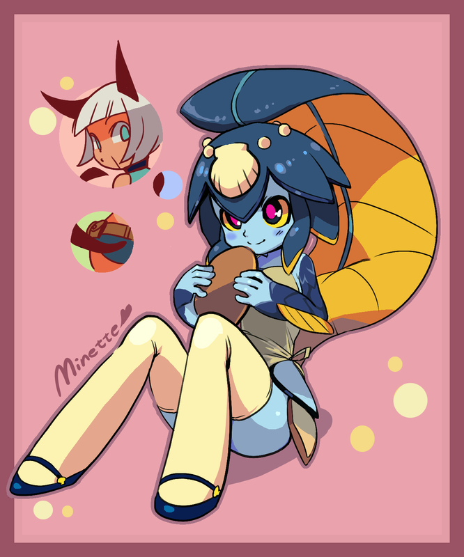 apron, blue_skin, mary_janes, minette_(skullgirls), monster_girl, nadia_fortune, skullgirls, smile