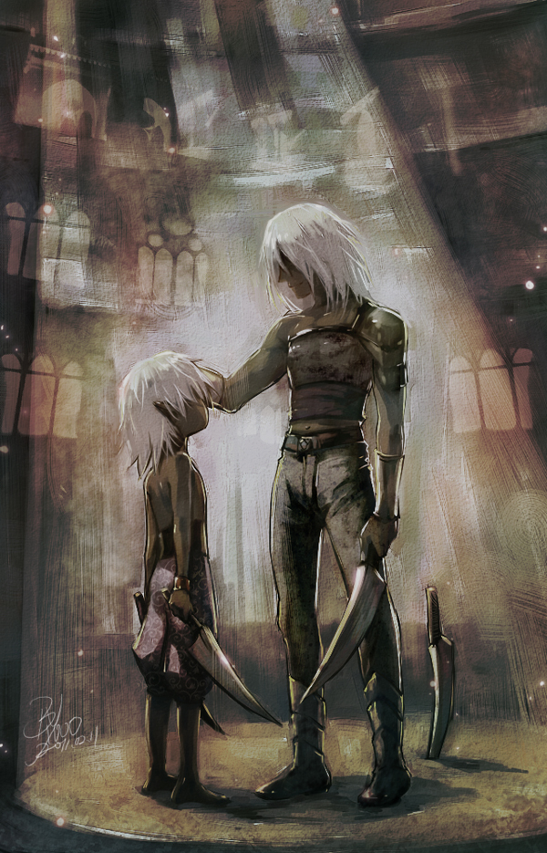 age_difference, chiseko1000yeah, dark_skin, drizzt_do'urden, drizzt_do'urden, dungeons_and_dragons, father_and_son, pointy_ears, sword, weapon, white_hair, zaknafein_do'urden, zaknafein_do'urden