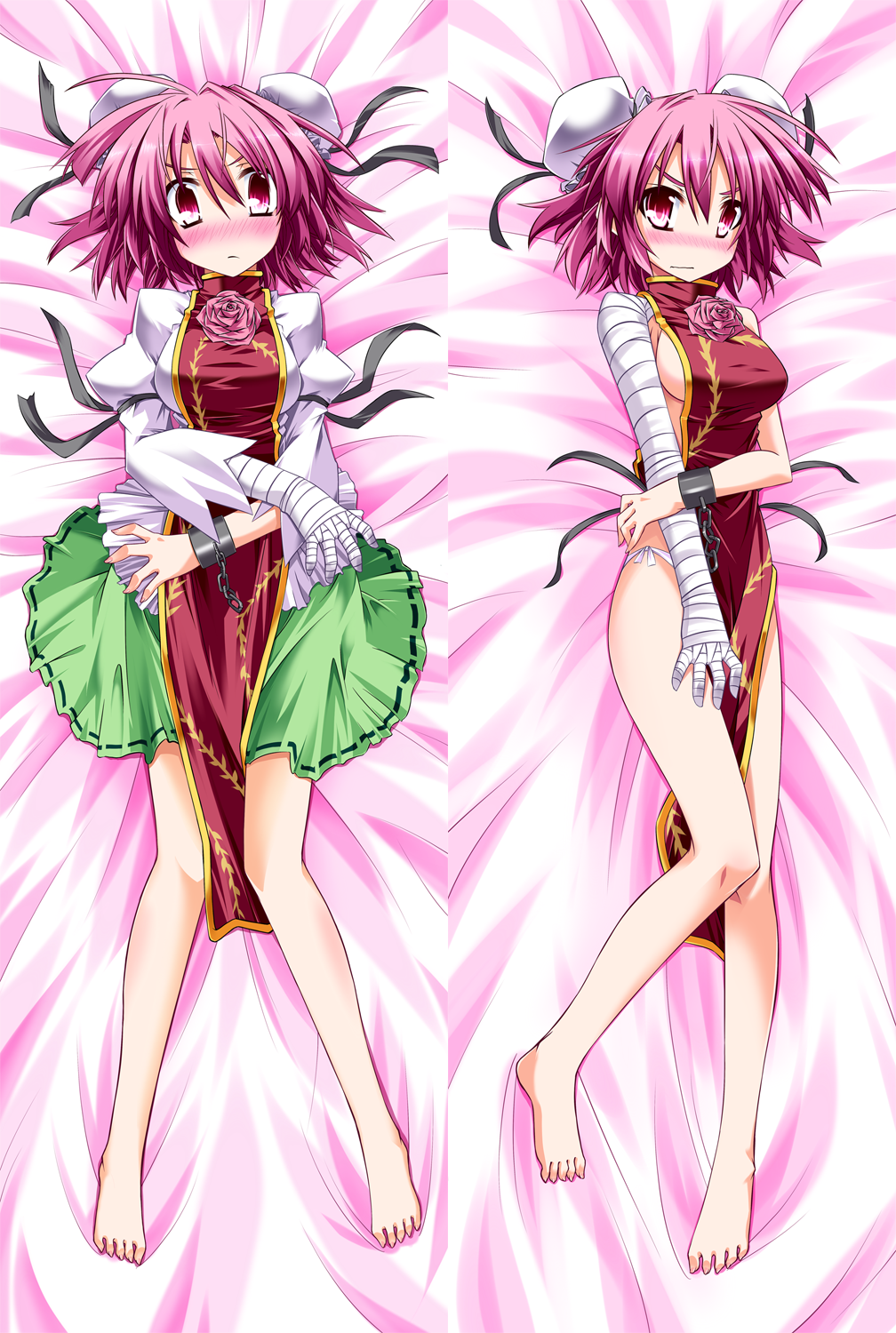 barefoot, bed_sheet, blush, breasts, dakimakura, double_bun, feet, full_body