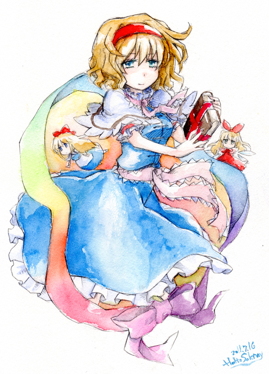 alice_margatroid, blonde_hair, blue_eyes, bow, capelet, doll, dress, gradient