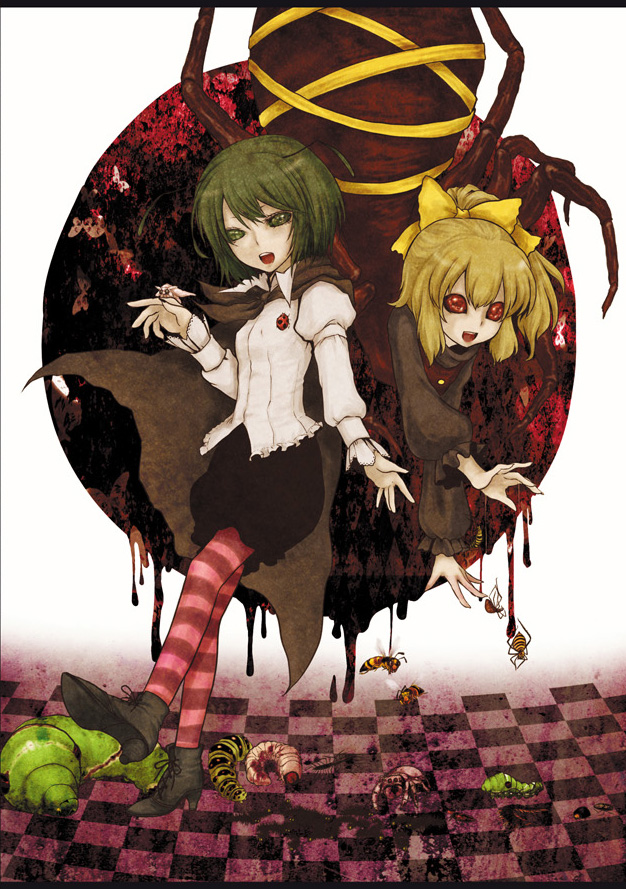 antennae, blonde_hair, bow, cape, caterpillar, checkered, checkered_floor, cockroach