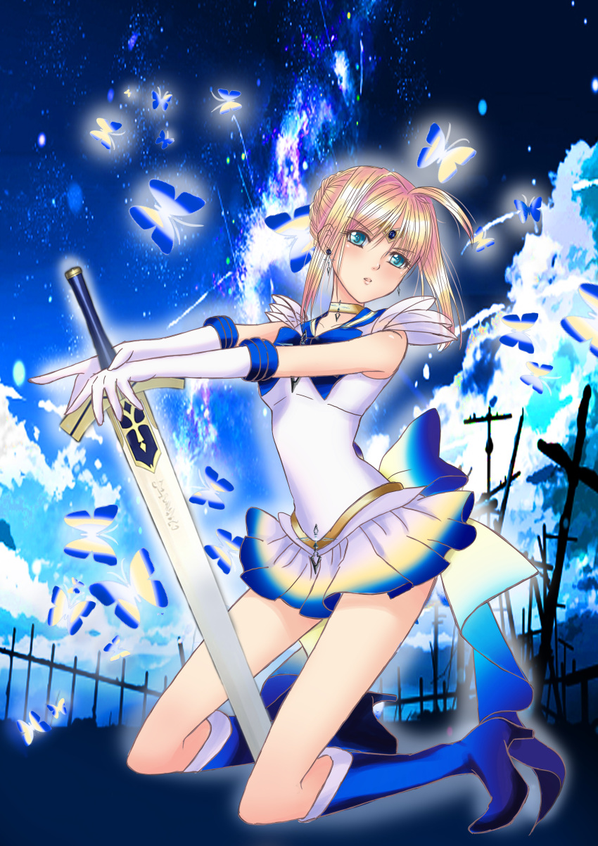 1girl, absurdres, ahoge, alternate_color, bishoujo_senshi_sailor_moon, blonde_hair, blue, blue_background, blue_eyes, boots, bow, butterfly, choker, elbow_gloves, fate/stay_night, fate_(series), gloves, high_heels, highres, kneeling, mary9489, planted_sword, planted_weapon, pleated_skirt, ribbon, saber, sailor_moon, sailor_moon_(cosplay), short_hair, skirt, super_sailor_moon, super_sailor_moon_(cosplay), sword, tiara, weapon