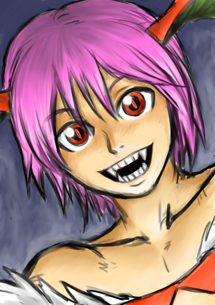 1girl, absurdres, bare_shoulders, bared_teeth, bust, capcom, demon_girl, fangs, flat_chest, head_wings, highres, kuroi_kazuhiro, lilith_aensland, purple_hair, red_eyes, short_hair, solo, succubus, vampire_(game)