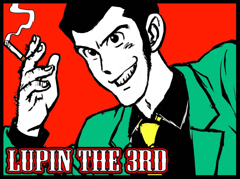 1boy, arsene_lupin_iii, black_hair, character_name, cigarette, flat_color, formal, grin, kuroi_kazuhiro, lupin_iii, necktie, short_hair, sideburns, smile, suit
