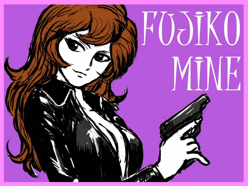 1girl, breasts, brown_hair, catsuit, character_name, cleavage, flat_color, gun, kuroi_kazuhiro, long_hair, lupin_iii, mine_fujiko, pinky_out, pistol, solo, trigger_discipline, unzipped, weapon