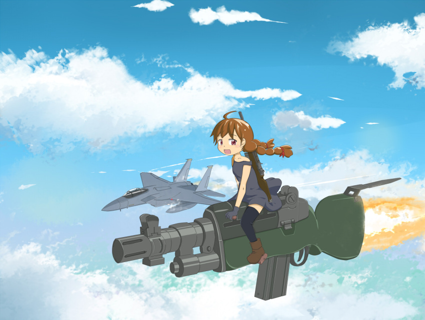 airplane, battle_rifle, boots, braid, cloud, clouds, dedorudy, dress