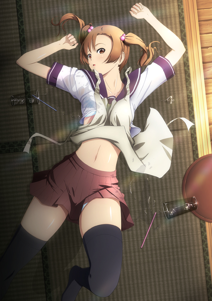 apron, black_legwear, blush, bra, brown_eyes, brown_hair, fallen, from_above, glass, hair_bobbles, hair_ornament, halcyon, ice, lingerie, looking_at_viewer, lying, midriff, navel, original, panties, pantyshot, parted_lips, school_uniform, serafuku, shirt_lift, short_twintails, skirt, solo, straw, striped_bra, tatami, thigh-highs, thighhighs, tray, twintails, underwear, waitress, water, wet, wet_clothes, white_bra, zettai_ryouiki