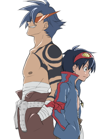 armband, back-to-back, blue_hair, core_drill, goggles, goggles_on_head, hands_in_pockets, jacket, kamina, kamina_shades, lowres, male, multiple_boys, sarashi, shirtless, short_hair, simon, smile, tattoo, tengen_toppa_gurren_lagann, water_blue, white_background