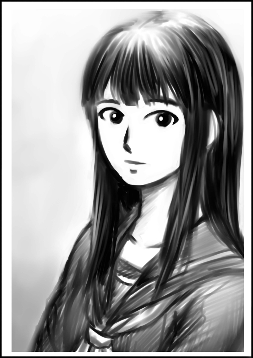 absurdres, black_hair, bust, greyscale, highres, kuroi_kazuhiro, long_hair, monochrome