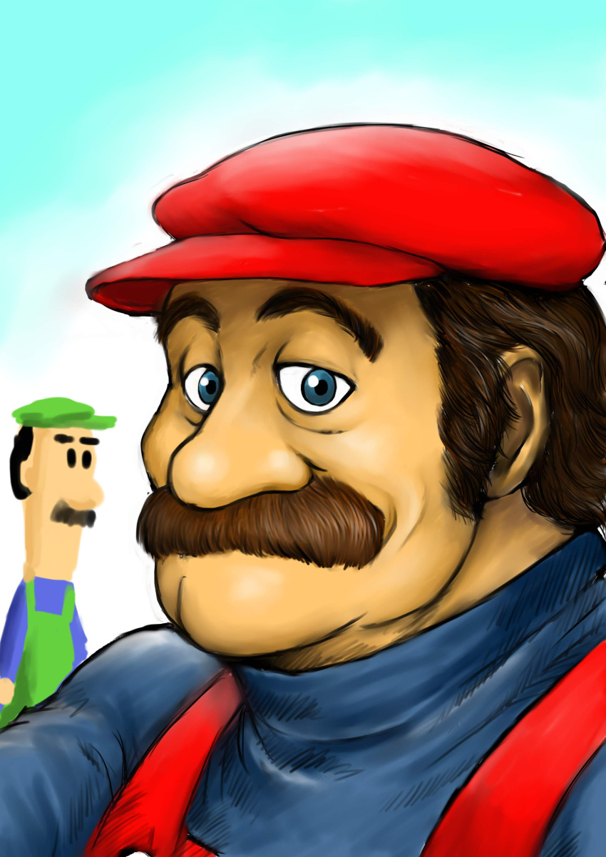 2boys, absurdres, blue_eyes, brown_hair, facial_hair, hat, highres, kuroi_kazuhiro
