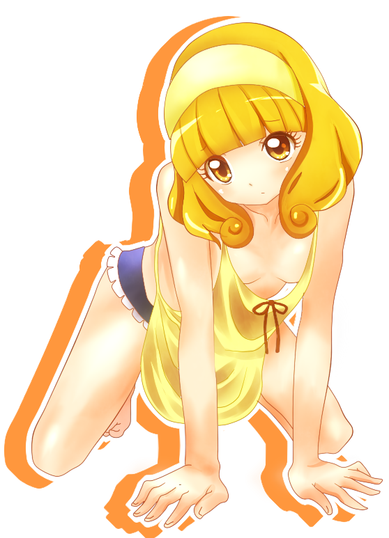 all_fours, apron, bare_shoulders, blonde_hair, blush, breasts, cleavage, hairband