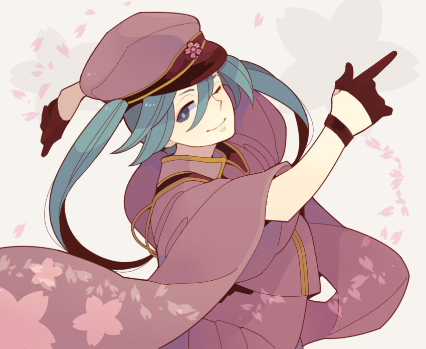 gloves, hat, hatsune_miku, machida_natsume, peaked_cap, petals, senbon-zakura_(vocaloid), solo