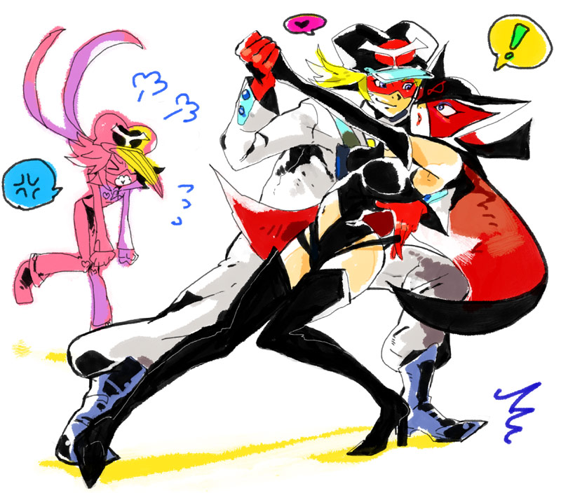 1boy, 2girls, akira-riku, angry, blonde_hair, blue_eyes, boots, breasts