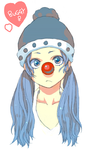 blue_hair, buggy_the_clown, character_name, clown, genderswap, hat, lowres, mochika