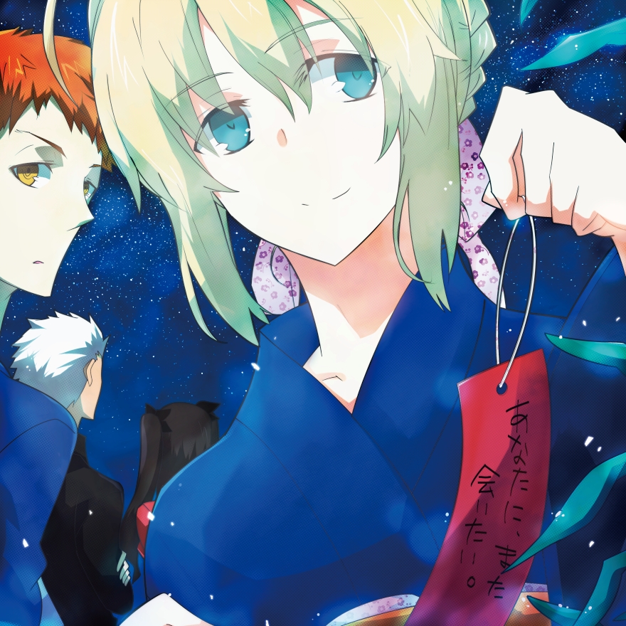2boys, 2girls, archer, blonde_hair, blue_eyes, brown_hair, emiya_shirou, fate/stay_night