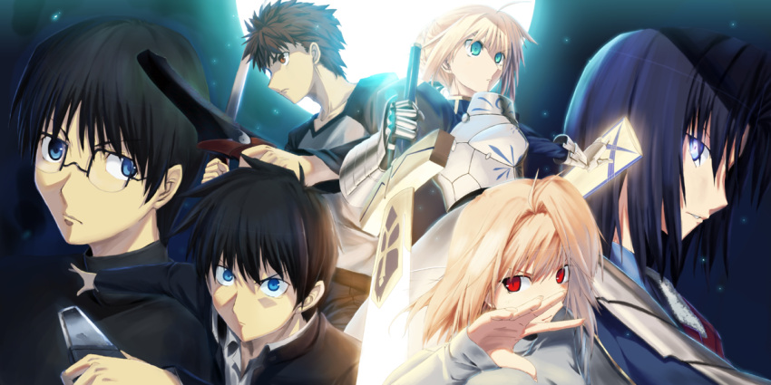 3girls, arcueid_brunestud, armor, armored_dress, avalon_(fate/stay_night), black_hair, blonde_hair, blue_eyes