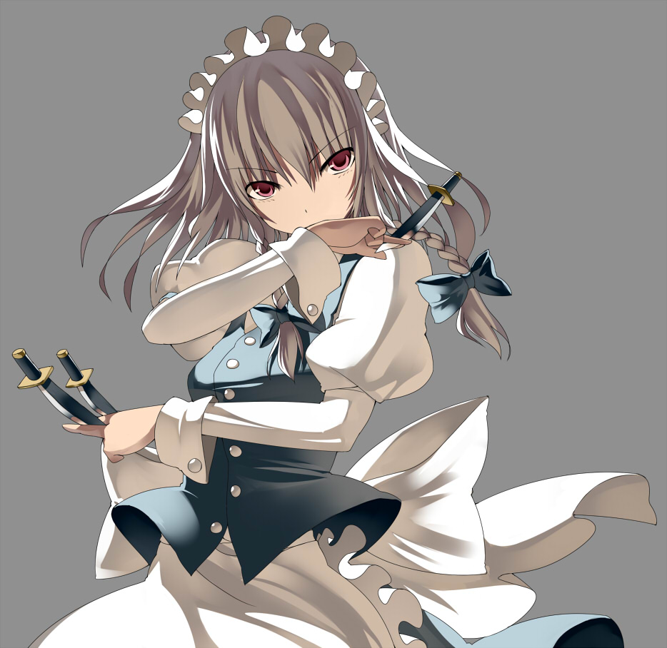 between_fingers, braid, grey_background, grey_hair, hair_ribbon, izayoi_sakuya, knife, kureha