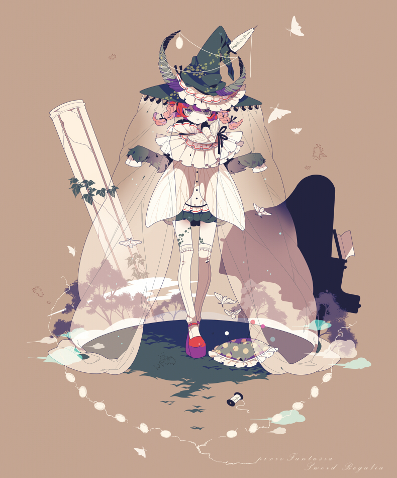 antennae, arms_up, braid, grey_eyes, hat, miniskirt, moth, needle