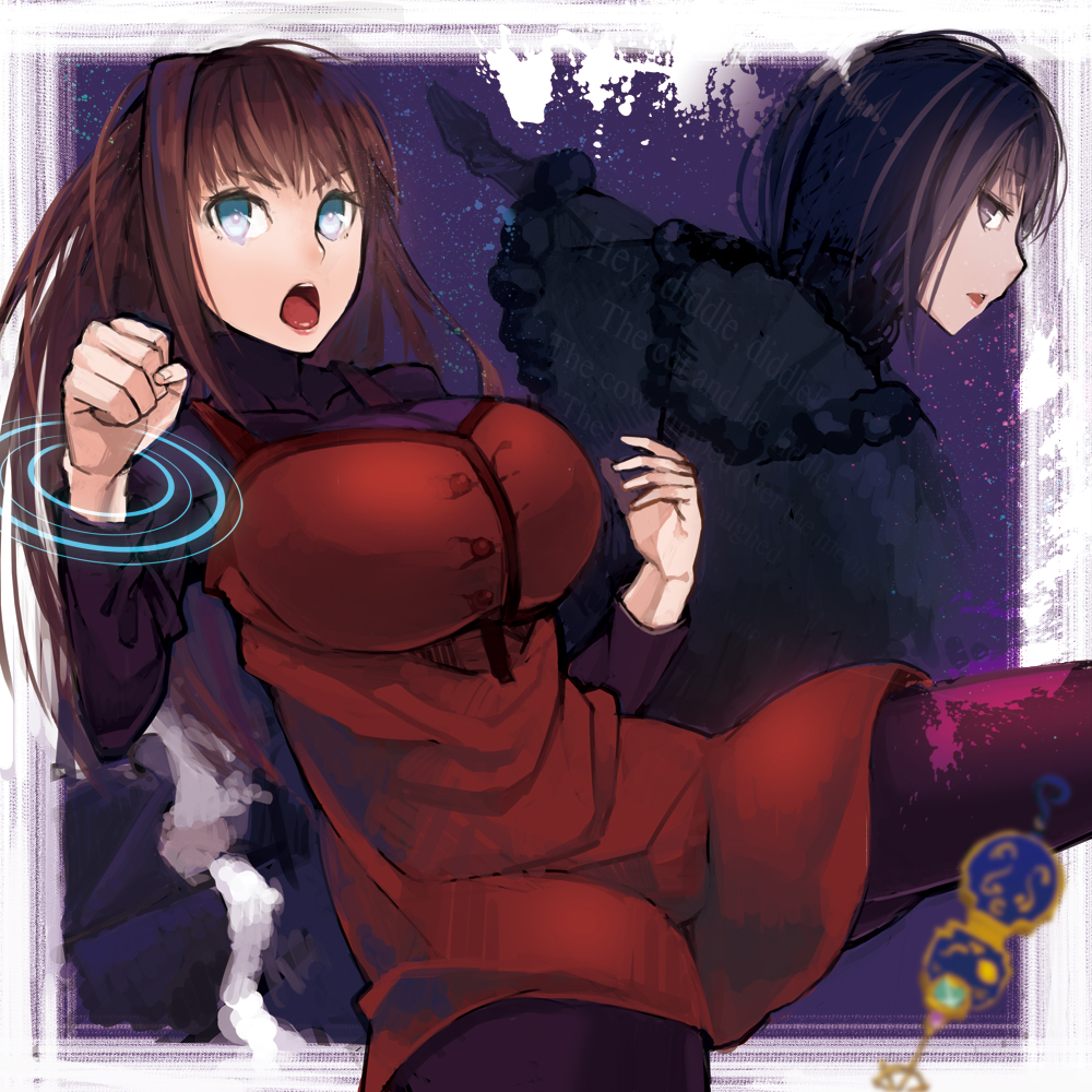 :o, aco, aozaki_aoko, black_hair, blue_eyes, breasts, brown_eyes, brown_hair, english, huge_breasts, kuonji_alice, long_hair, mahou_tsukai_no_yoru, multiple_girls, open_mouth, pantyhose, short_hair, type-moon