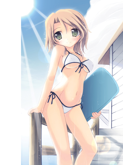 brown_hair, dream_c_club, futaba_riho, green_eyes, iwa_(alpaca_oukoku), kick_board, kickboard, navel