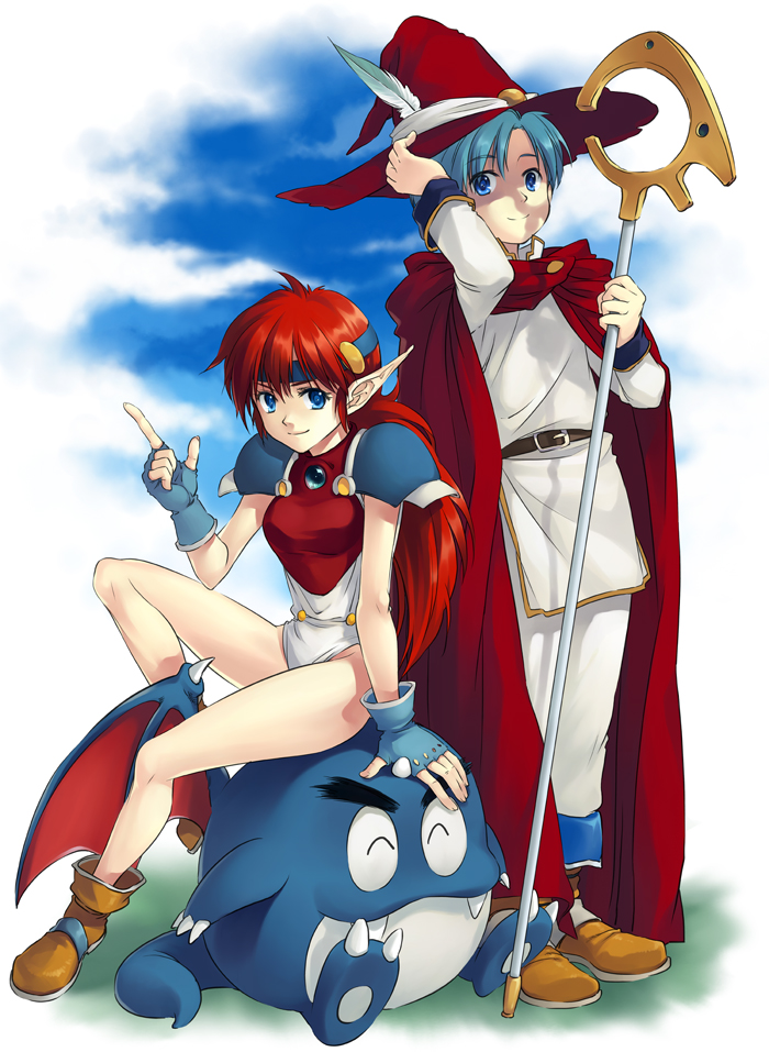 aqua_hair, armor, blue_eyes, boots, cloak, elf, falcom, fingerless_gloves, gaw, gloves, hat, headband, legs, long_hair, oldschool, pointy_ears, popful_mail, popful_mail_(character), red_hair, redhead, short_hair, sitting, sitting_on_head, sitting_on_person, smile, staff, tatto, tonykun, wizard