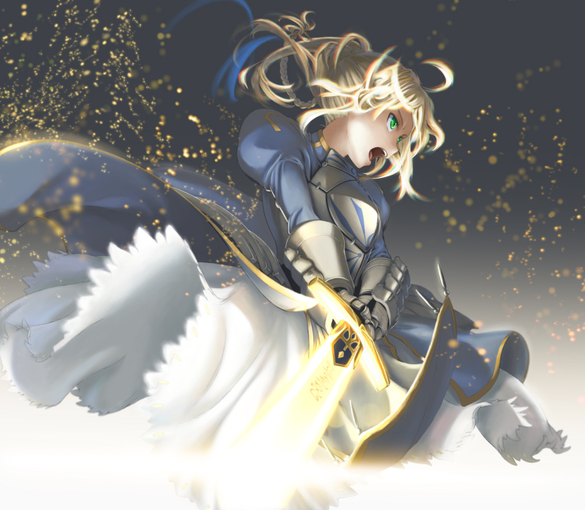 armor, armored_dress, blonde_hair, excalibur, fate/stay_night, fate/zero, fate_(series), gauntlets, glowing, glowing_weapon, green_eyes, hair_ribbon, light_particles, open_mouth, puffy_sleeves, ribbon, saber, sharakuryousuke, shouting, solo, sword, weapon