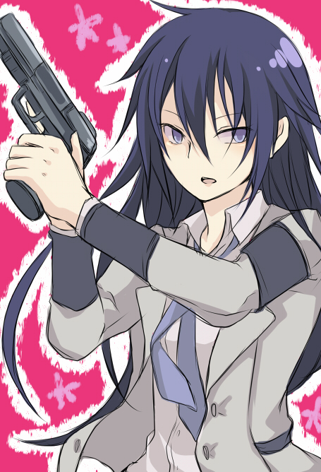 adult, bad_id, blue_eyes, blue_hair, female, formal, gun, long_hair