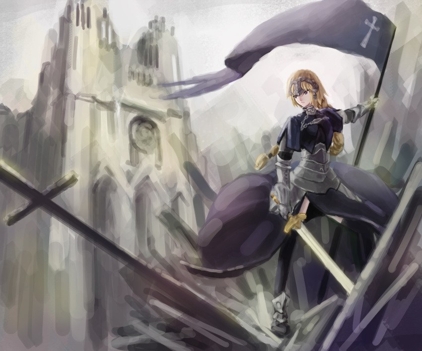 armor, armored_dress, blonde_hair, braid, church, dress, fate/apocrypha, fate/zero, fate_(series), flag, forminori, gauntlets, headpiece, highres, jeanne_d'arc_(fate/apocrypha), jeanne_d'arc_(fate/apocrypha), long_hair, purple_eyes, ruler_(fate/apocrypha), single_braid, solo, sword, thigh-highs, thighhighs, violet_eyes, weapon
