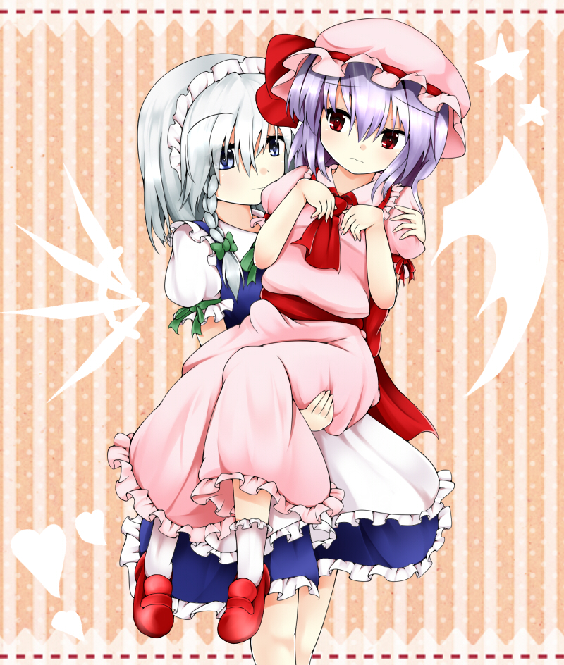 apron, arms_up, ascot, bat_wings, blouse, bow, braid, carrying, dress_shirt, frills, frown, grey_eyes, hair_bow, hand_on_shoulder, hand_on_thigh, hat, hat_ribbon, heart, izayoi_sakuya, kneehighs, knife, lavender_hair, light_smile, looking_at_another, maid_headdress, multiple_girls, princess_carry, puffy_sleeves, red_eyes, remilia_scarlet, ribbon, scarlet_0915, shirt, shoes, short_hair, short_sleeves, silver_hair, single_braid, skirt, standing, star, striped, striped_background, touhou, vest, white_legwear, wings