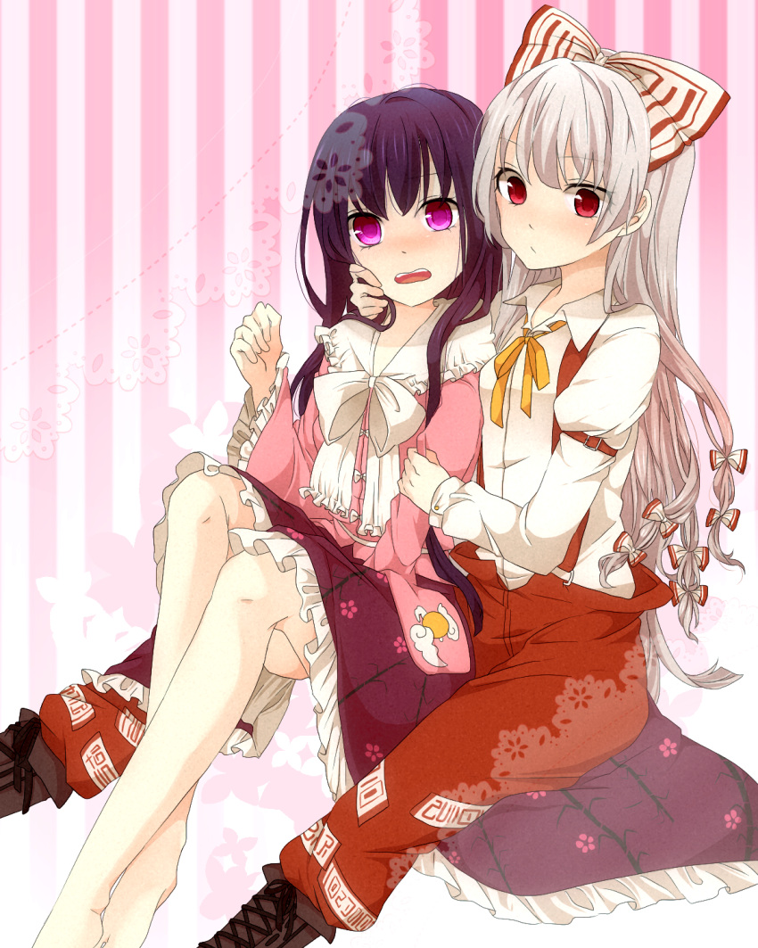 barefoot, blush, boots, bow, floral_print, fujiwara_no_mokou, hair_bow, hair_ribbon