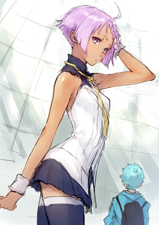 1girl, black_legwear, blue_hair, braid, dark_skin, elena_peoples, eureka_seven_(series), eureka_seven_ao