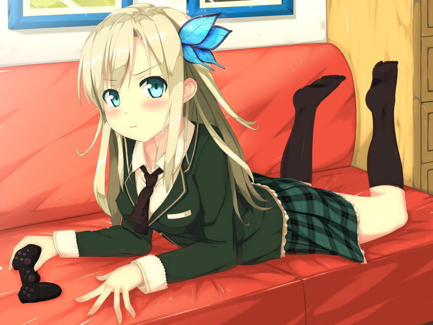 black_legwear, blonde_hair, blue_eyes, blush, boku_wa_tomodachi_ga_sukunai, breasts, butterfly_hair_ornament, controller, feet, hair_ornament, highres, kashiwazaki_sena, keji_mizoguchi_(style), kneehighs, long_hair, looking_at_viewer, no_shoes, on_stomach, plaid, plaid_skirt, school_uniform, skirt, solo, takanashi_sora_(soramyon)
