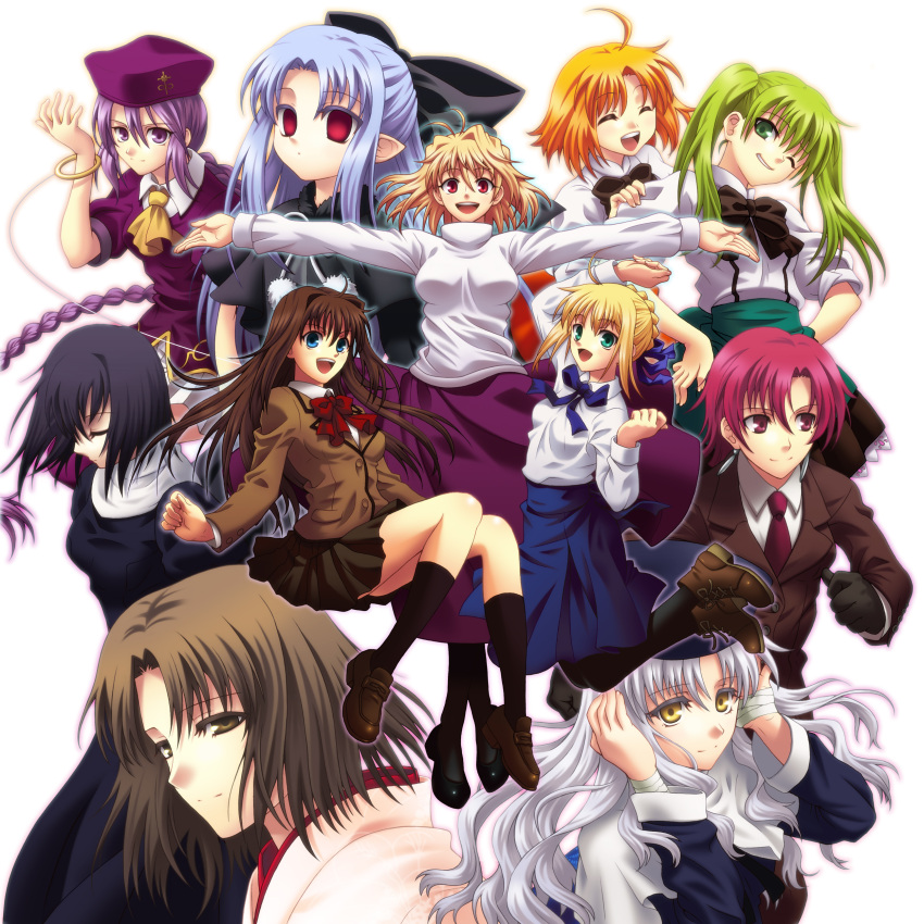 ahoge, antenna_hair, aozaki_aoko, arcueid_brunestud, bazett_fraga_mcremitz, black_hair, blonde_hair, blue_eyes