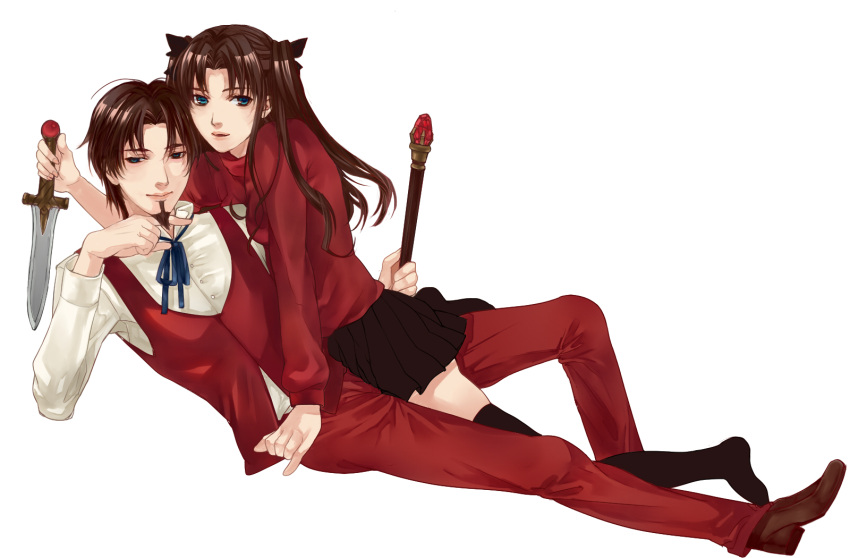 1girl, age_difference, azoth_knife, black_legwear, blue_eyes, brown_hair, facial_hair, fate/stay_night