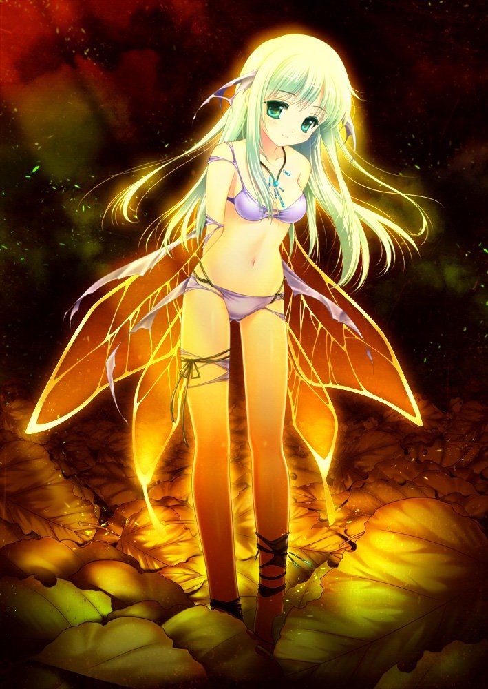 1girl, autumn, fairy, fairy_wings, green_eyes, green_hair, leaf, long_hair