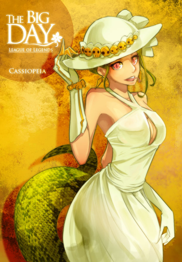 bare_shoulders, beancurd, breasts, cassiopeia_du_couteau, dress, forked_tongue, gloves, green_hair