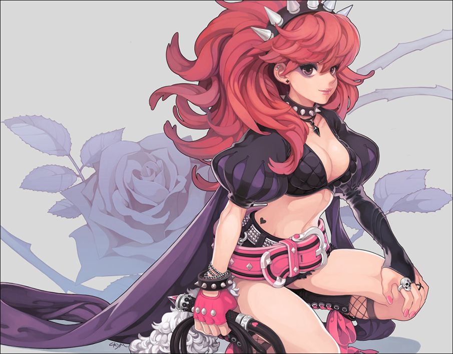 asymmetrical_clothes, belt, boots, bracelet, breasts, brown_eyes, chkuyomi, cleavage