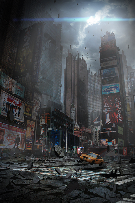 cloudy_sky, crosswalk, debris, landmark, lens_flare, levitation, new_york, no_humans