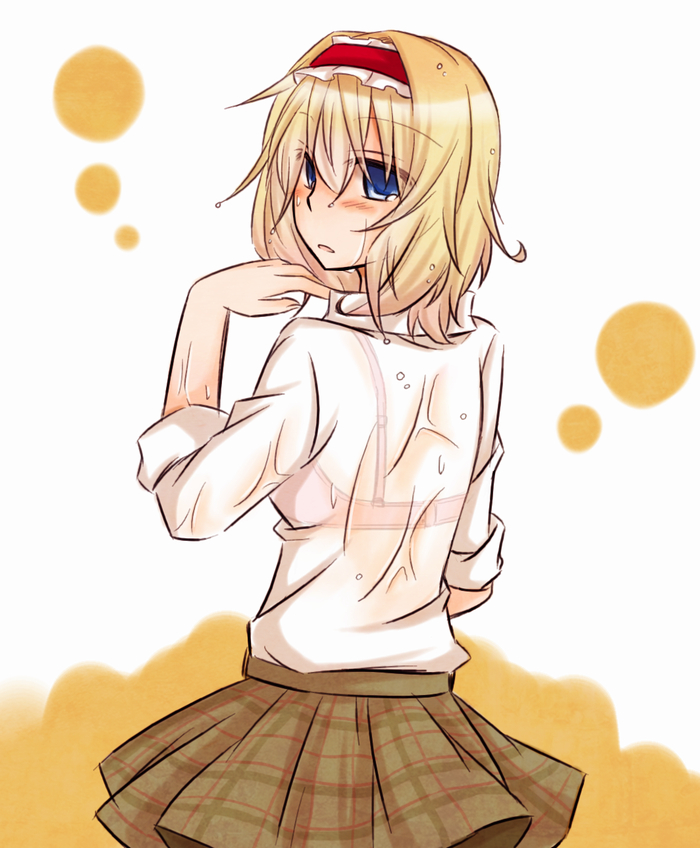 adjusting_collar, alice_margatroid, alternate_costume, back, blonde_hair, blue_eyes, blush, bra