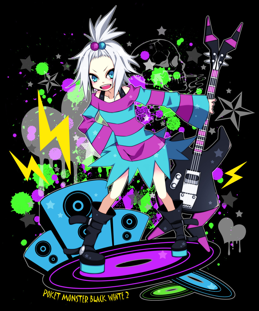 bass_guitar, blue_eyes, boots, dress, hair_bobbles, hair_ornament, highres, homika_(pokemon), instrument, kuzuhara_kazuya, minidress, platform_footwear, pokemon, pokemon_(game), pokemon_bw2, striped, striped_dress, topknot, white_hair