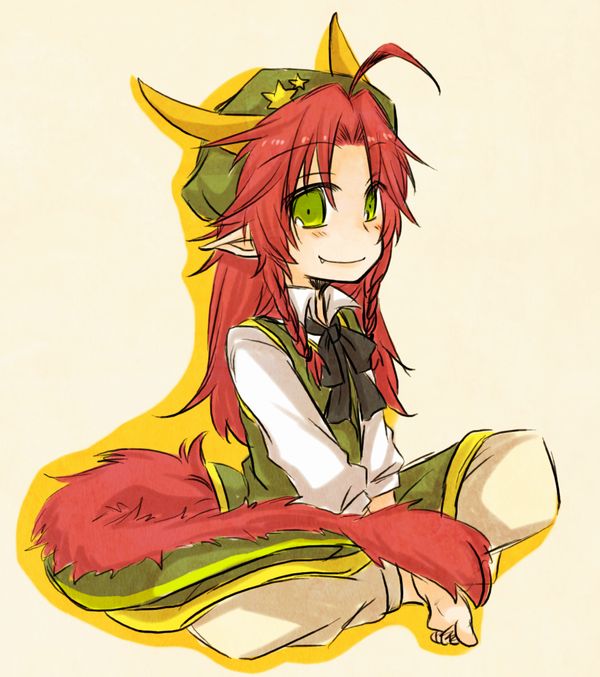 ahoge, barefoot, blush, bow, dragon_girl, dragon_tail, ex-meiling, fang