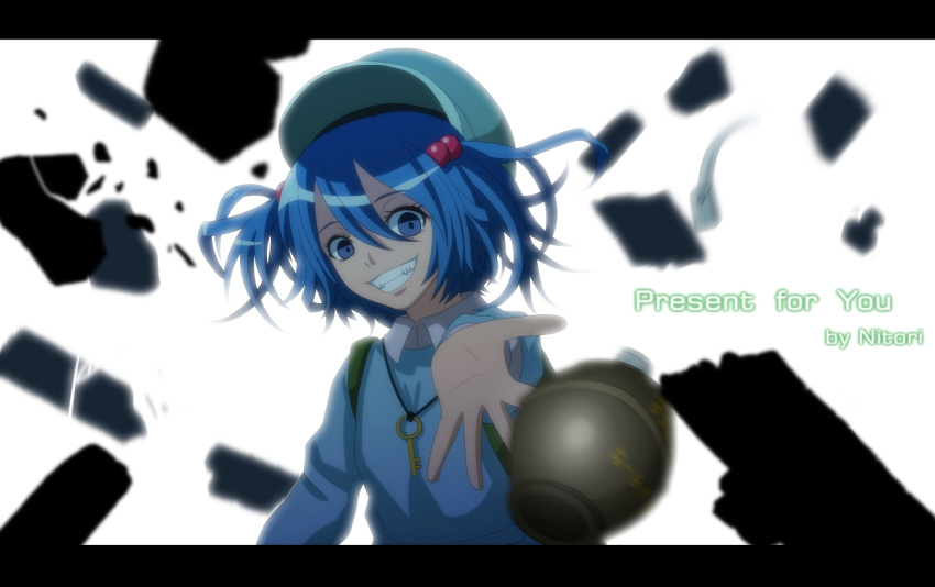 bad_id, bag, blue_eyes, blue_hair, crazy_smile, english, evil_grin, evil_smile