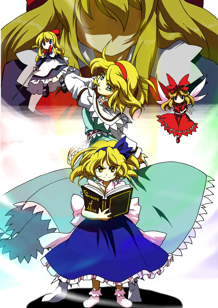 alice_margatroid, alice_margatroid_(pc-98), back-to-back, blonde_hair, blue_eyes, blush, book, bow, capelet, doll, dress, dual_persona, goliath_doll, hair_bow, hair_ornament, hair_ribbon, hairband, highres, hiseki_(tknkkm), hourai_doll, long_hair, multiple_girls, polearm, rapier, ribbon, shanghai_doll, short_hair, smile, sword, time_paradox, touhou, touhou_(pc-98), weapon, wings, yellow_eyes