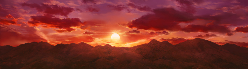 cloud, clouds, cura, dusk, game_cg, highres, landscape, monobeno, mountains, no_humans, scenery, sky, sun, sunrise, sunset